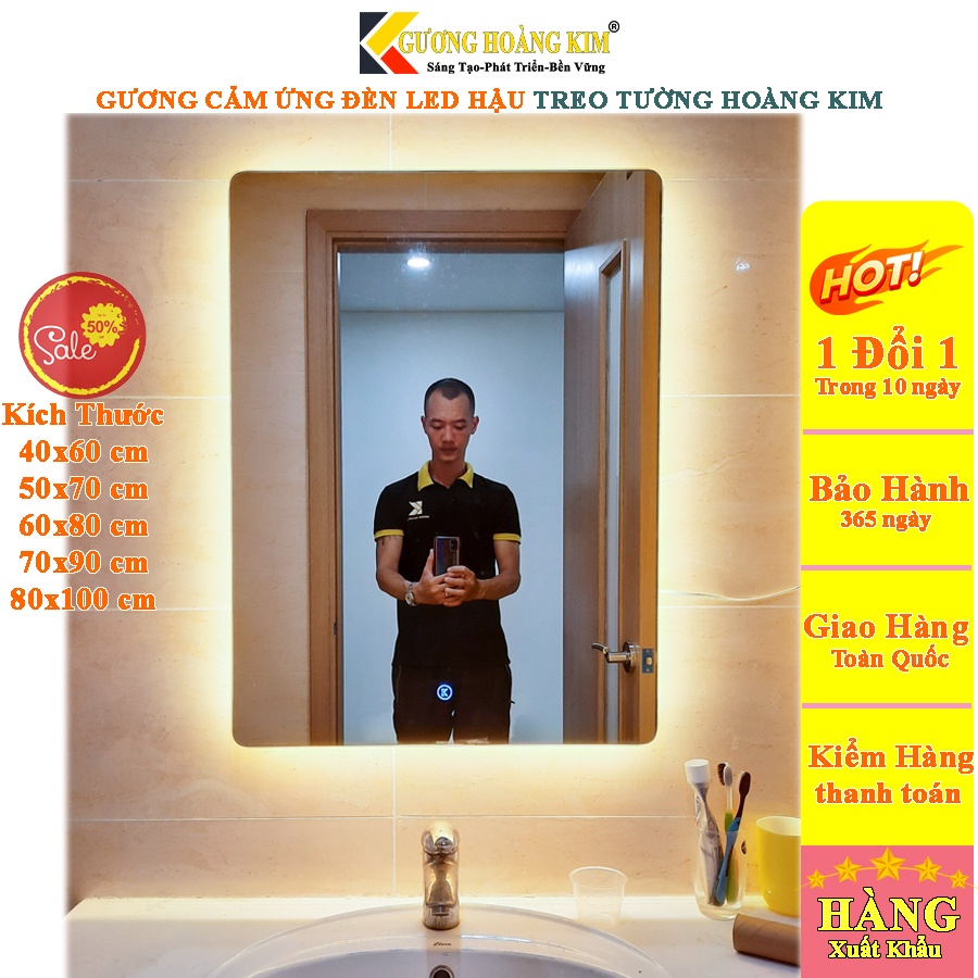 Gương led treo tường chữ nhật phòng tắm nhà tắm wc bàn trang điểm cảm ứng kích thước 60x80,70x90 cm guonghoangkim HK3012
