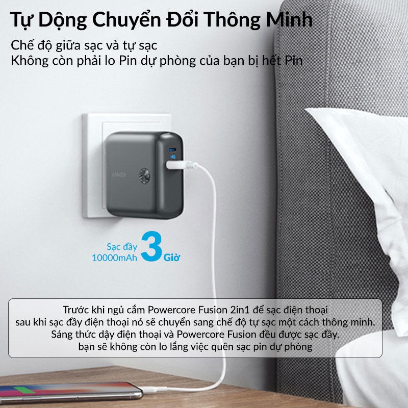 Củ Sạc Nhanh Kiêm Pin Dự Phòng Anker PowerCore Fusion 10000mAh PD 20W, Hỗ Trợ 2 Cổng Sạc Type C Va USB - A1623