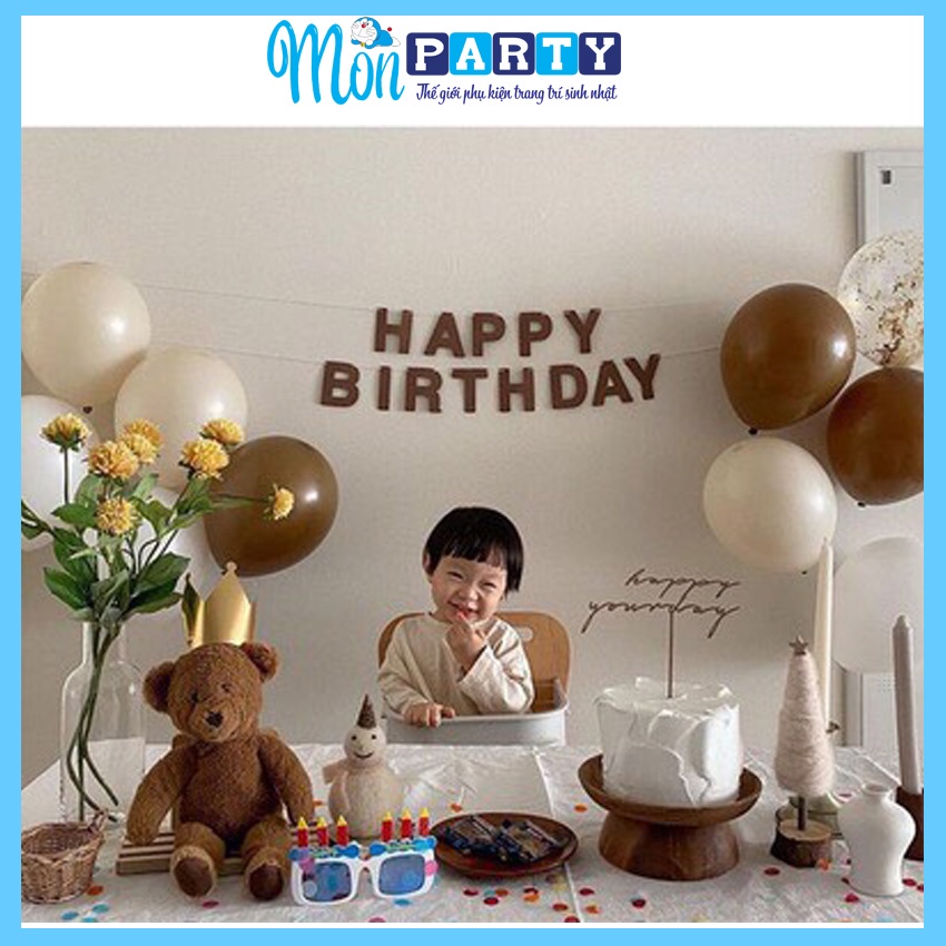 Dây chữ happy birthday màu nâu hàn quốc Mon party bằng vải nỉ màu nâu trang trí sinh nhật style hàn quốc vintage