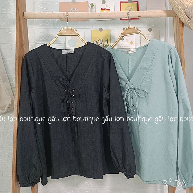 áo sơ mi kiểu cổ v đan dây ngực vintage hàn quốc