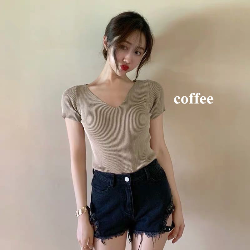 Áo dệt kim SUXI cổ chữ V tôn dáng nhiều màu sắc dễ thương cho nữ