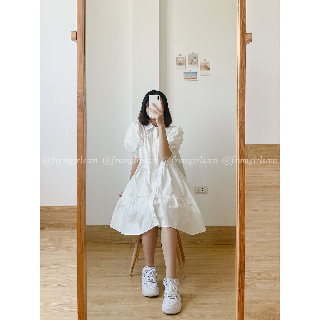 Váy babydoll sơ mi ba tầng, đầm sơ mi babydoll xòe tay phồng có cổ - V18G BROWN