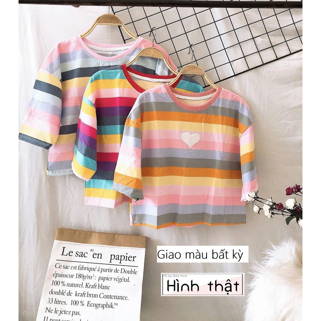 ÁO THUN CROPTOP RAINBOW FORM RỘNG TAY LỠ ULZZANG - ÁO NHÓM CROP NGẮN TAY SỌC NGANG CẦU VỒNG 24