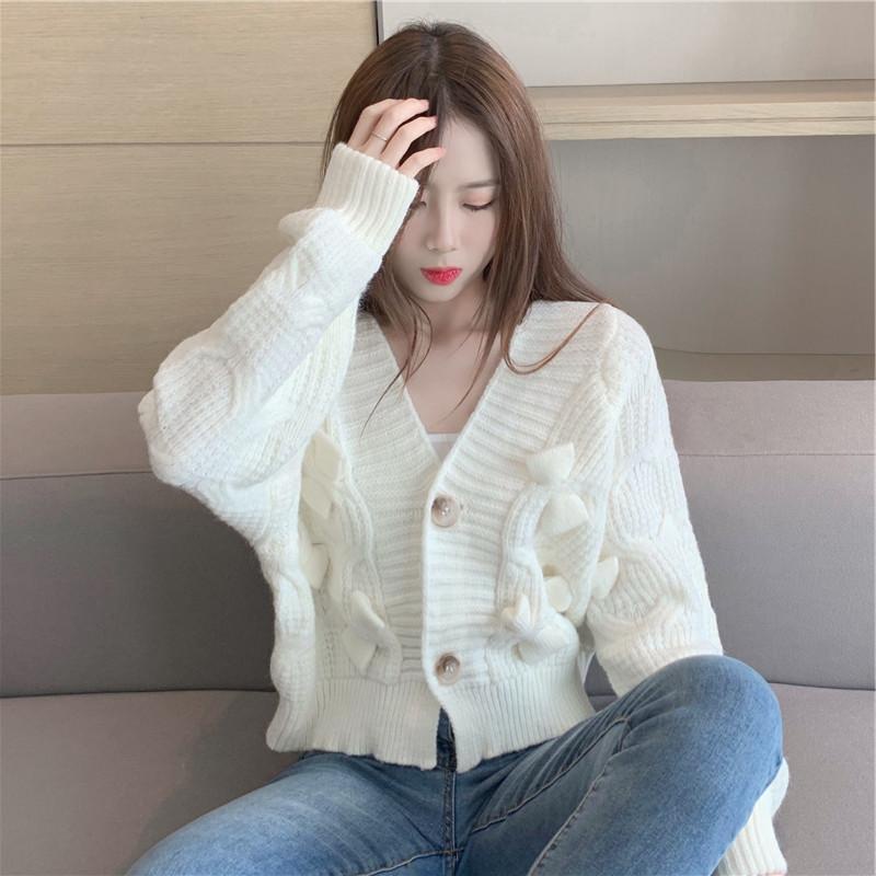 Áo khoác cardigan dệt kim dáng rộng mềm phối nơ phong cách mùa thu Hàn Quốc cho nữ