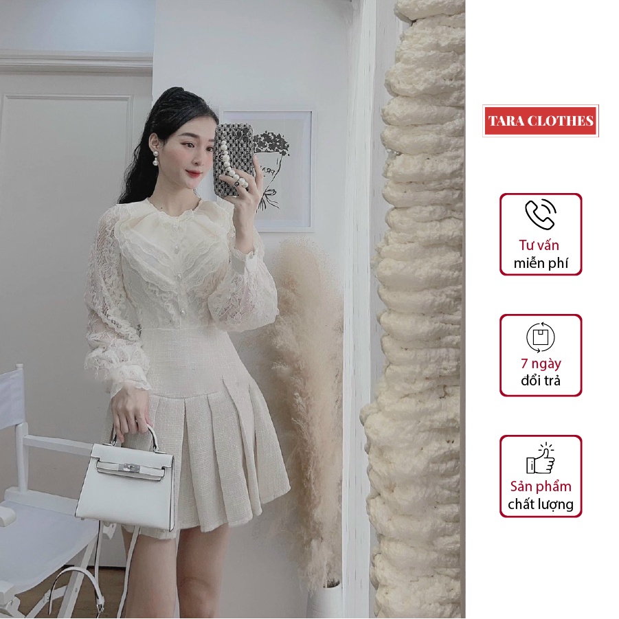 Set Áo Ren Dài Tay Mix Chân Váy Xếp Ly Ngắn TARA CLOTHES Sang Chảnh Dễ Thương Màu Trắng