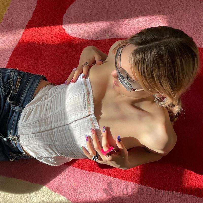 Áo ống dáng ôm trễ vai họa tiết hoa màu trắng size S/ M/ L cho nữ