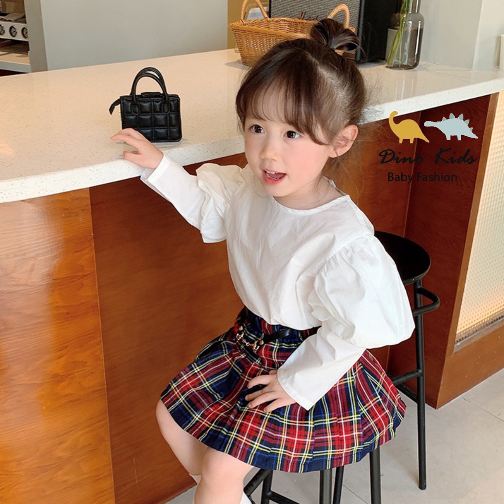 Đồng phục học sinh, set áo trắng tay bồng mềm mại phối chân váy kẻ to cho bé size 12-25kg