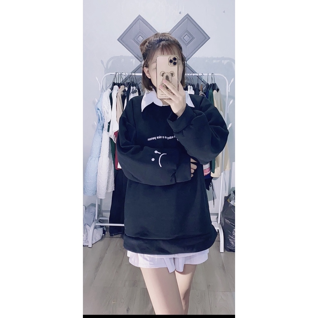 Áo sweater cổ tròn from rộng tay dài chất nỉ bông, áo thun thu đông in hình mặt khóc siêu độc lạ Vati