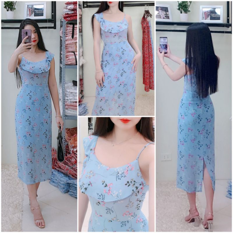 Váy Maxi hoa 2 dây bện bèo lệch vai dáng A nhẹ nhàng, là hàng thiết kế may kỹ, lót lụa mát. Ảnh thật.
