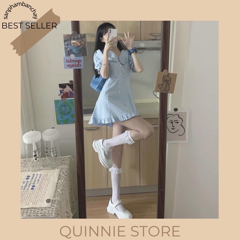 Váy sơmi cổ bèo tay phồng màu xanh dương, đầm khoá kéo