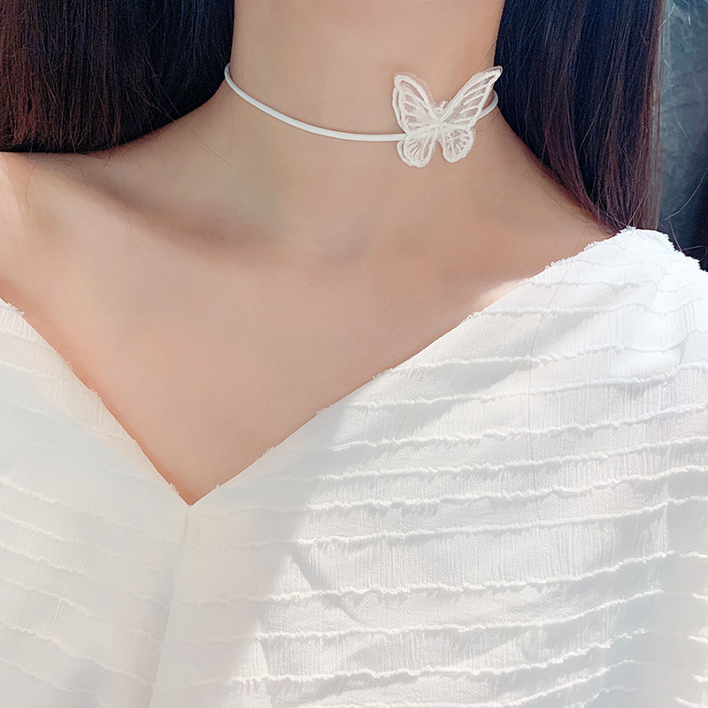 Vòng Cổ Choker Ren Hình Bướm Màu Trắng / Đen Phong Cách Hàn Quốc Quyến Rũ Cho Nữ