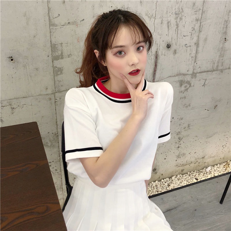 Áo Thun Nữ Hàng Quảng Châu Chất Dệt Kim Mềm Co Giãn Phối Viền Cổ Đẹp Cute