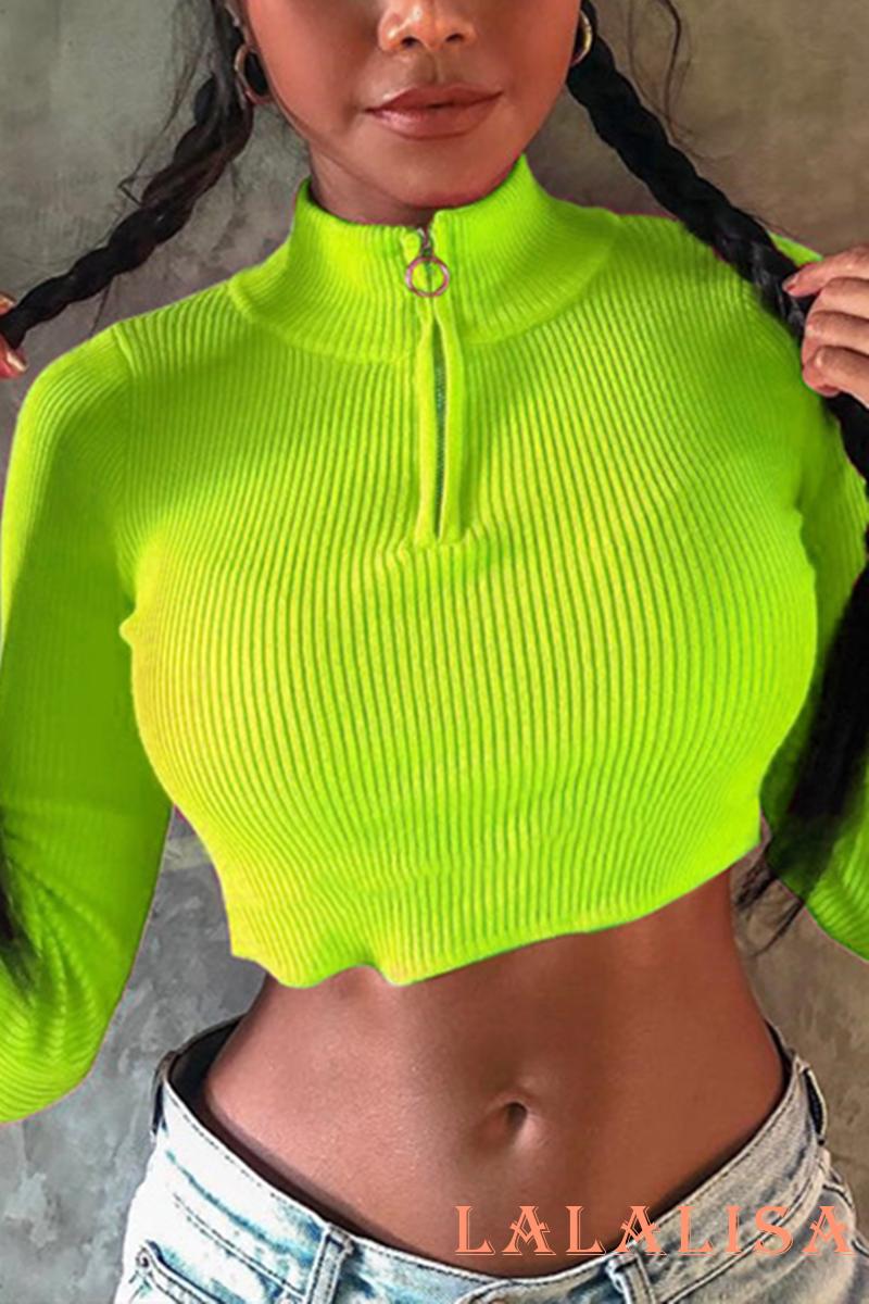 ✿-LZZ-✿-Women´s Rib Knit Crop Top Long Sleeve Stand Collar Zipper Front Slim Fit Solid Color Basic Tee Shirt