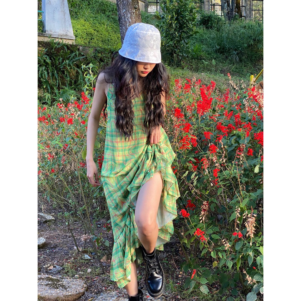 TARTAN - Tartan Dress SE / Green / Tartan Pattern - Đầm Hai Dây Maxi Chân Váy Xoè Xanh
