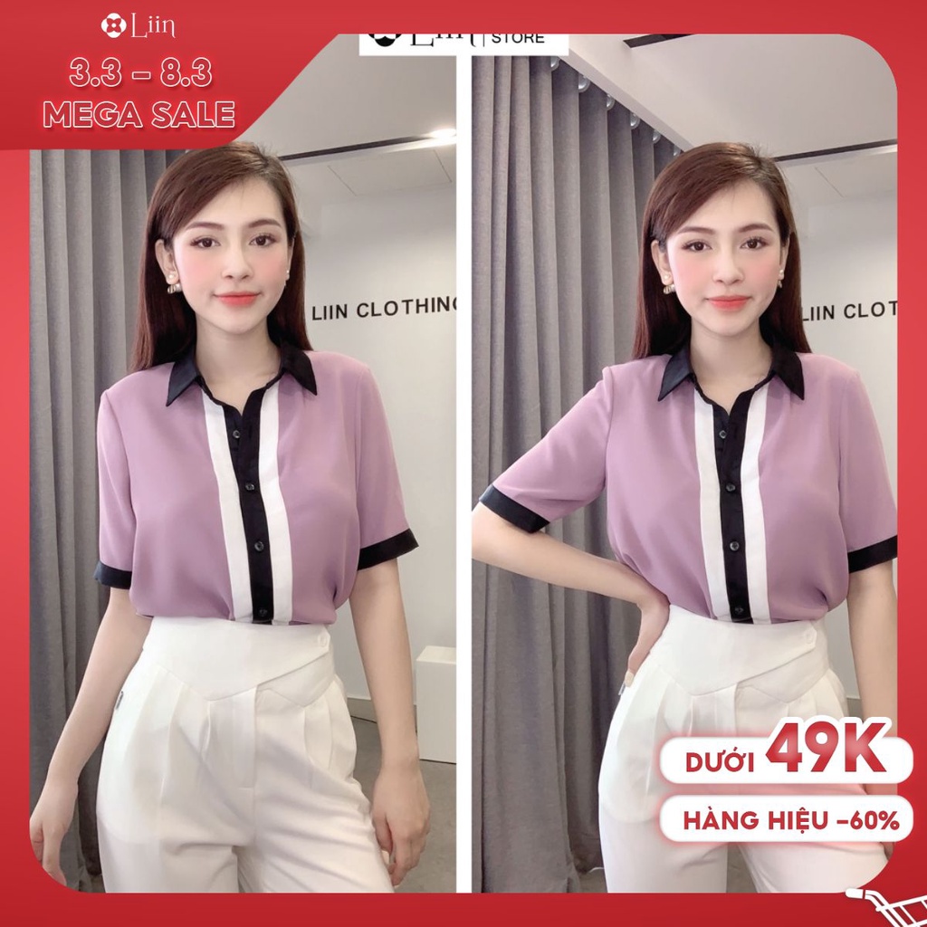 Áo sơ mi màu tím cách điệu Viền Đen Trắng kiểu dáng cộc tay năng động Liin Clothing SM3728