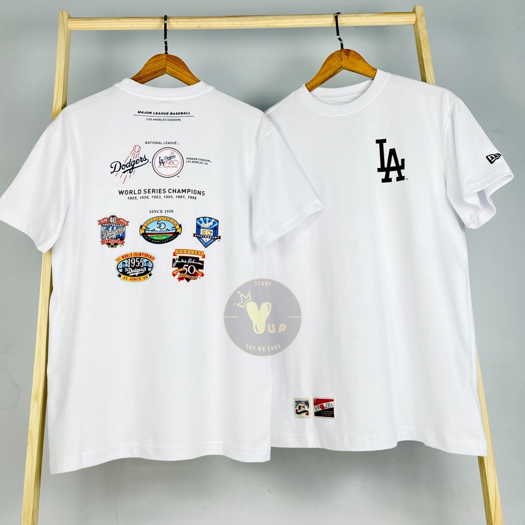 Áo new era chính hãng – áo thun unisex, màu đen logo NY và màu trắng - navy logo LA, nhiều sticker sau áo, thoáng mát