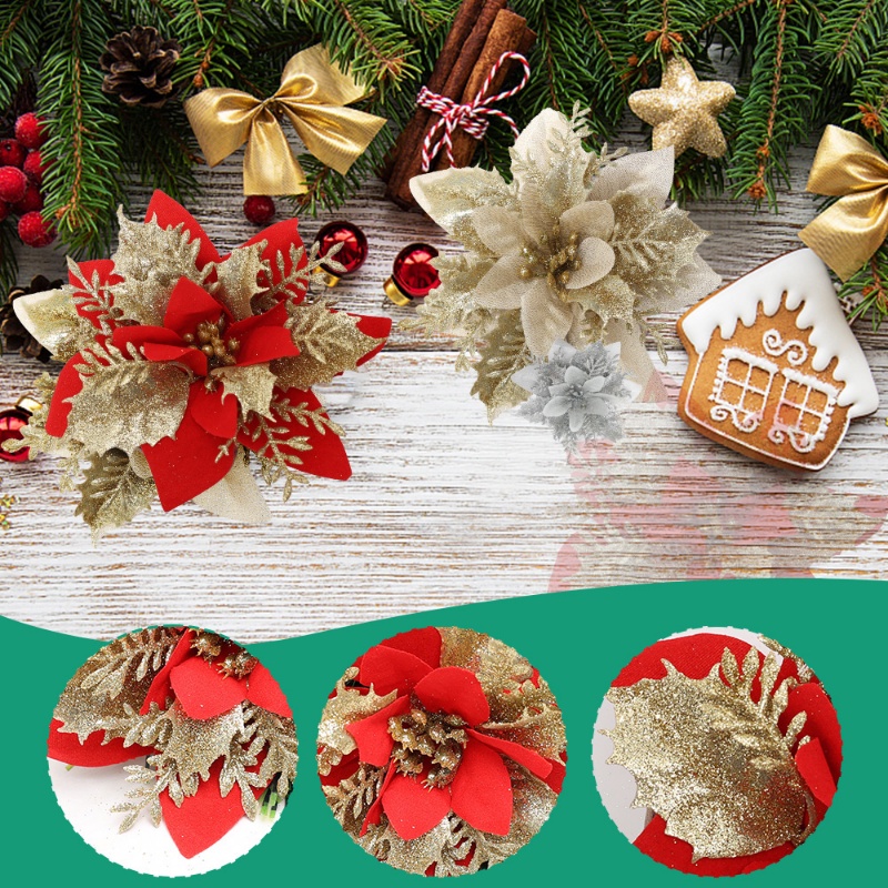 Bộ 5 Bông Hoa Nhân Tạo Viền Bột Vàng Nhiều Lớp Dùng Trang Trí Cây Thông Giáng Sinh