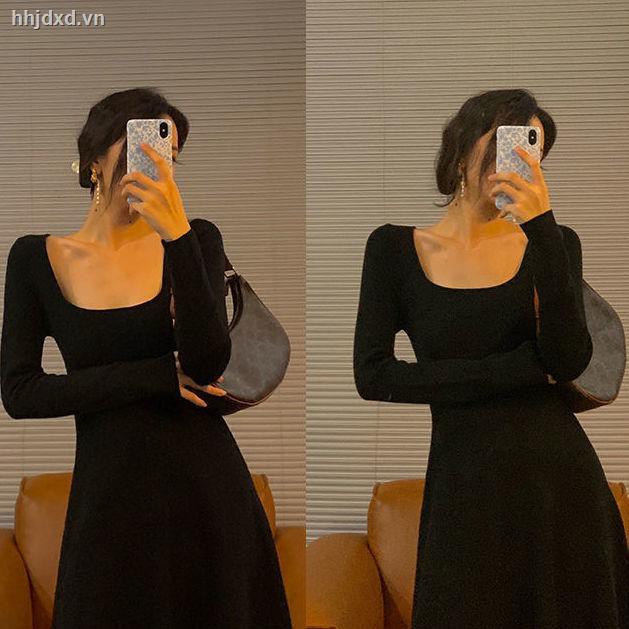 ℡Jiuwu Homemade Hong Kong Style Retro 2020 Autumn/Winter New Square Neck Long Sleeve Knit Dress Female High Waist Slim Skirt