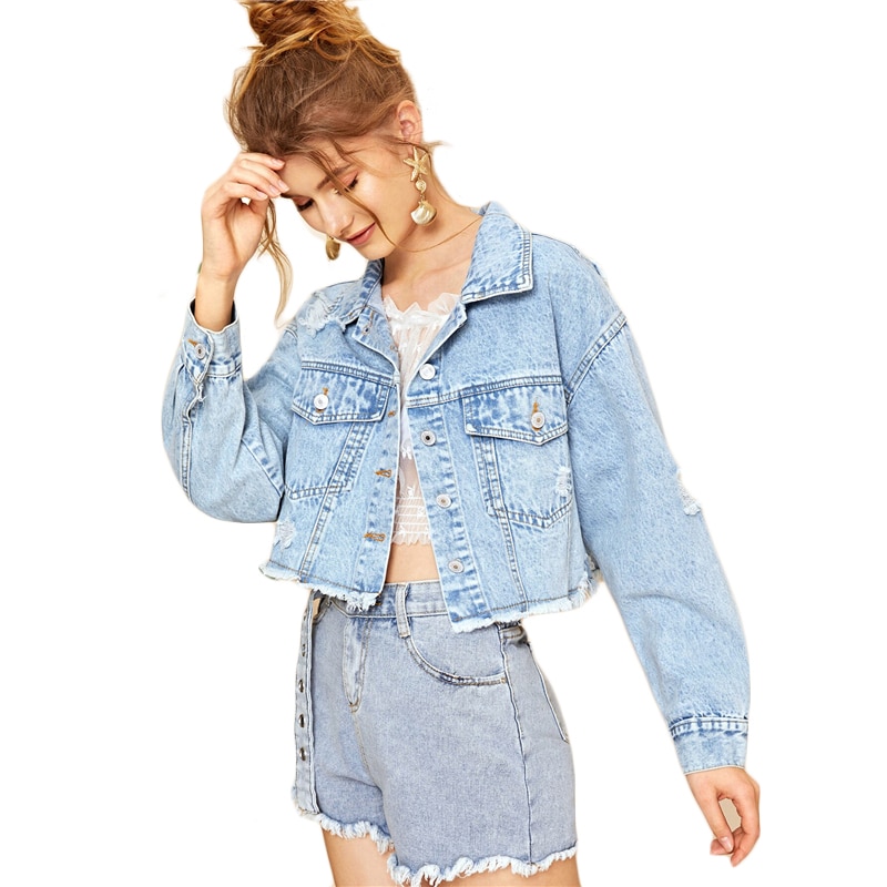 Women's spring and autumn new fashion personality ripped frayed denim jacket jacket