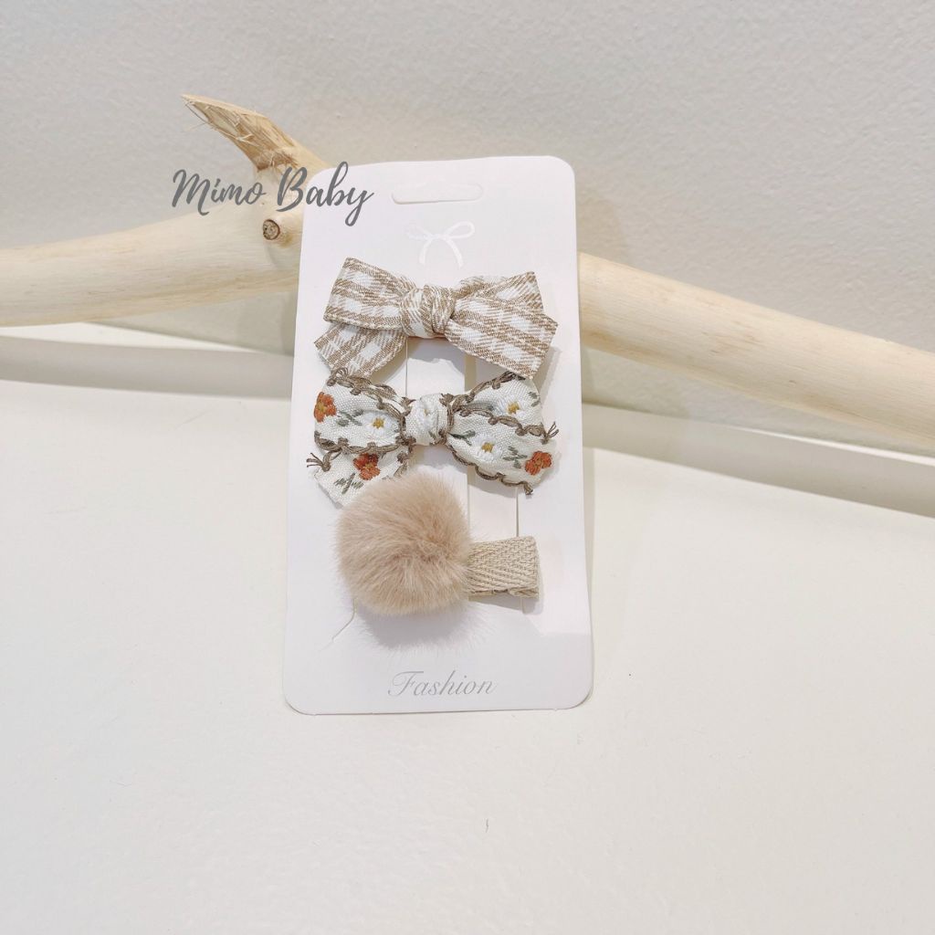 Set 3 kẹp tóc họa tiết nơ, hoa xinh xắn cho bé gái KT25 Mimo Baby