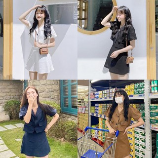 SET áo croptop cổ vest tay phồng + chân váy có quần bên trong Hàn Quốc - SET03FG