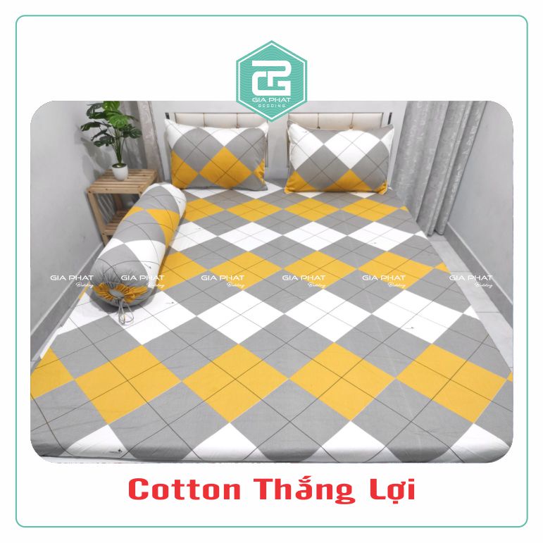 Bộ ga gối Thắng Lợi {4 món}100% Cotton chuẩn logo họa tiết Tứ Giác