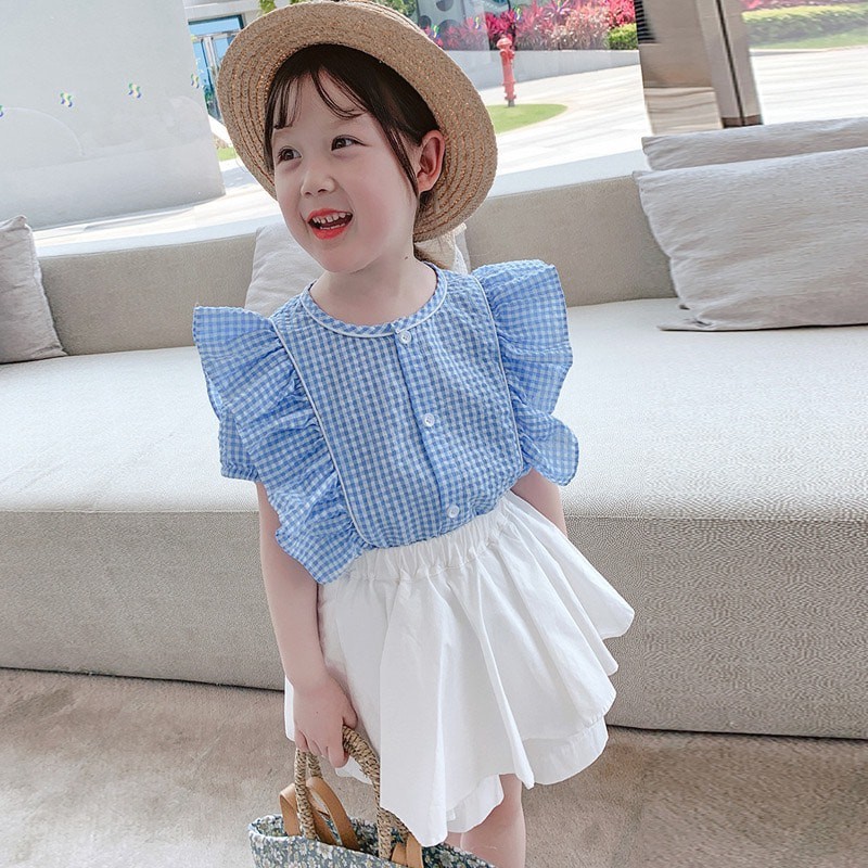 SET QUẦN GIẢ VÁY VÀ ÁO KẺ XANH CAO CẤP CHO BÉ GÁI