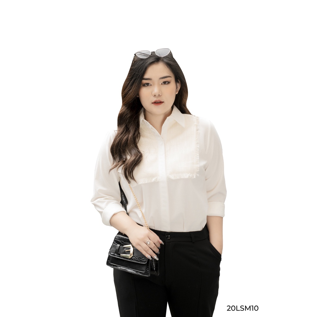 [Mã BMBAU50 giảm 50K đơn 150K] Áo sơ mi cổ đức, phối tweed BIGSIZE (55kg đến 90kg) - 20LSM10 - [BUstu Bigsize]