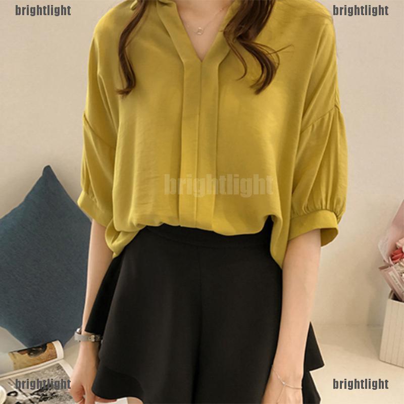 [Bright] Korean Summer Women shirt V Neck loose Casual Solid Slim blouse top Plus Size [LT] | BigBuy360 - bigbuy360.vn