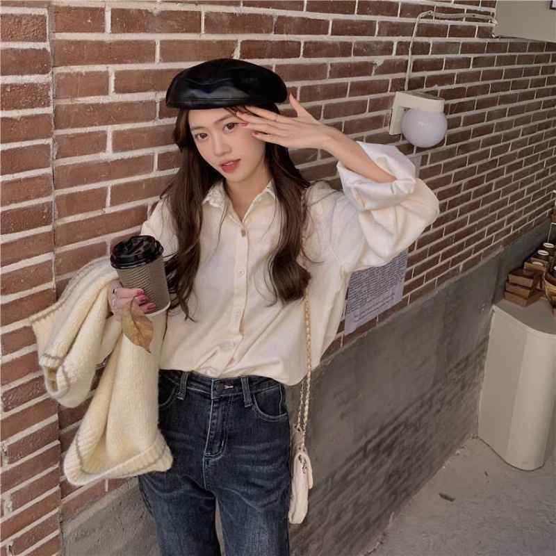 Set Áo Sơ Mi Tay Phồng + Gile Len M1 Thời Trang Hàn Quốc 2021