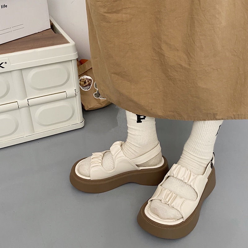 G505 | Dép Sandal Cài Khuy Bèo Nhún Đế Bánh Mì Đặc Giày Sandal Đi Học Ulzzang