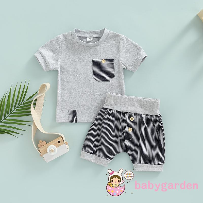 Bộ Áo Thun Ngắn Tay Cổ Tròn + Quần Short Lưng Cao Họa Tiết Kẻ Sọc Cho Bé Trai 0-24 Tháng Tuổi