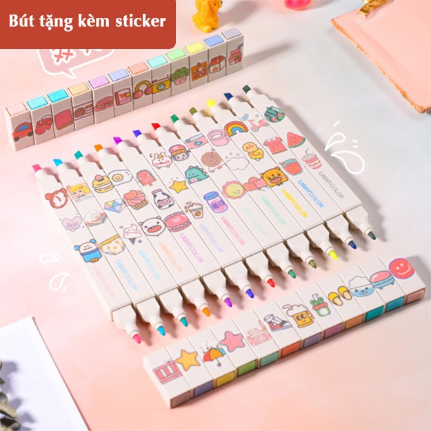 Combo 12 bút highlight 2 đầu Light Color màu Pastel HI06 kèm sticker, bút nhớ đánh dấu thân vuông