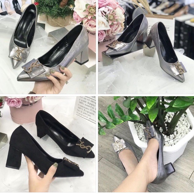Giày Đế Vuông Khóa Vàng Da Lộn 7p (2 màu đen , bạc)