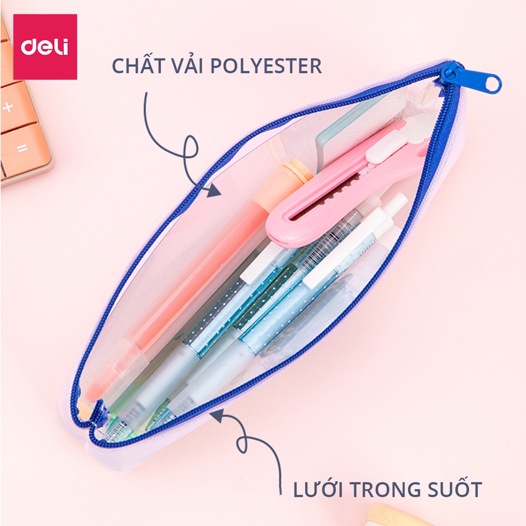 Túi đựng bút đồ dùng cá nhân Deli - chất liệu vải lưới trong suốt - Xanh dương/Trắng/Cam/Vàng - 67168