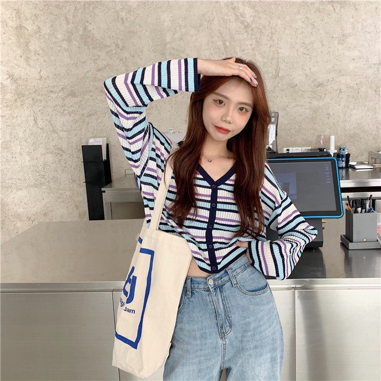 Áo Cardigan Dệt Kim Tay Dài Kẻ Sọc Thời Trang Xuân Hè Cho Nữ 2021