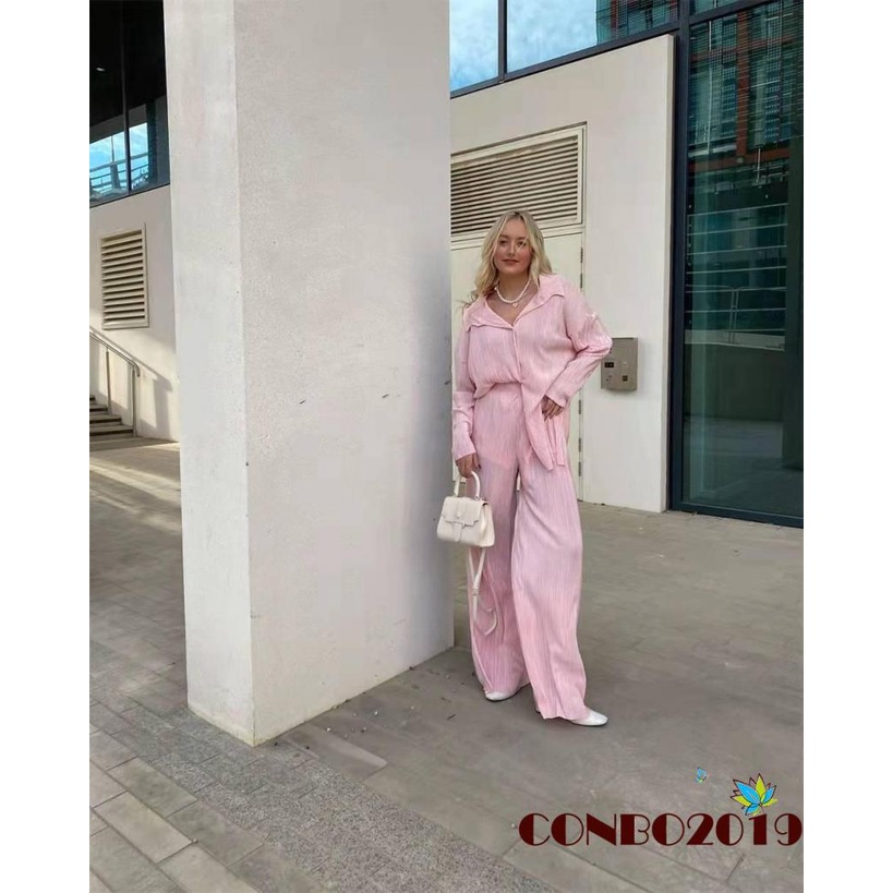 Set Đồ 2 Món Gồm Áo Sơ Mi Tay Dài Cài Nút Xếp Ly + Quần Dài Cho Nữ