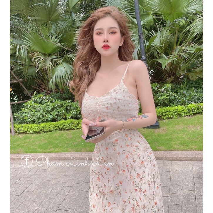 Đầm suông hoa 2 dây phối lưới