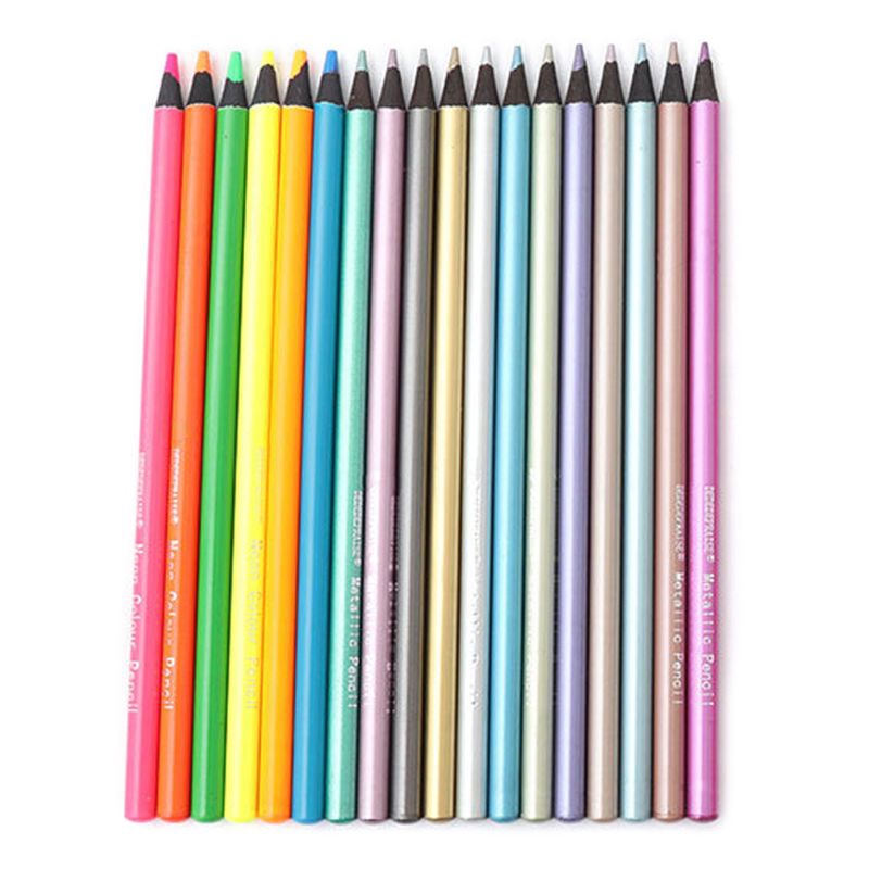 T07 12Pcs Metallic Non-Toxic Colored Pencils+6 Fluorescent Color Pencils for Drawing