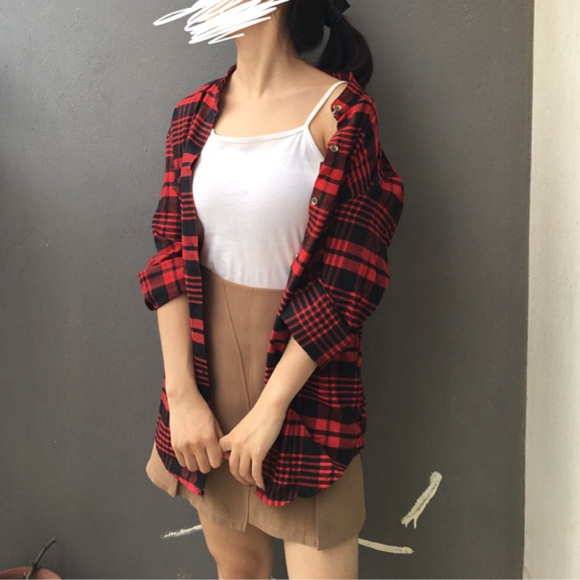 Áo sơ mi flannel kẻ đỏ đen unisex