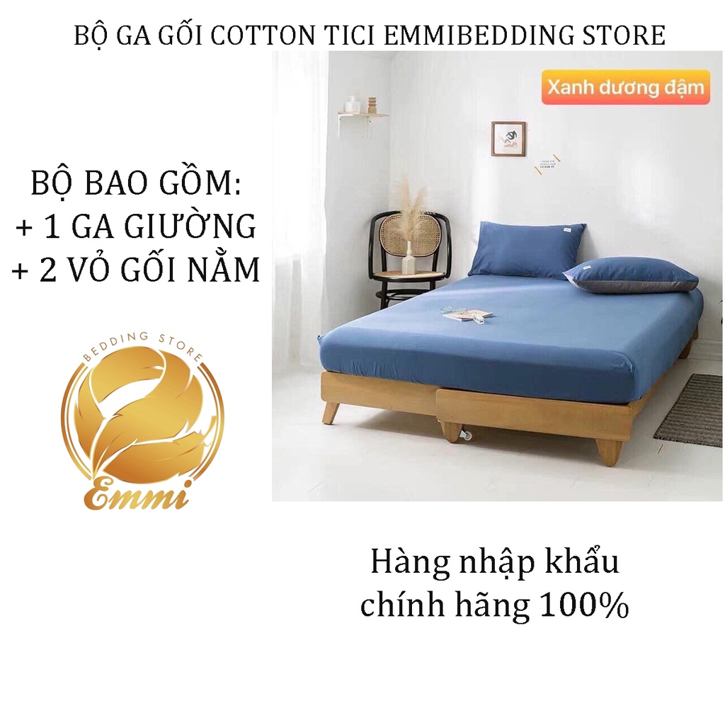 Bộ Ga giường, ga gối TC trơn màu xanh dương đậm EmmiBedding gồm 1 ga và 2 áo gối nằm