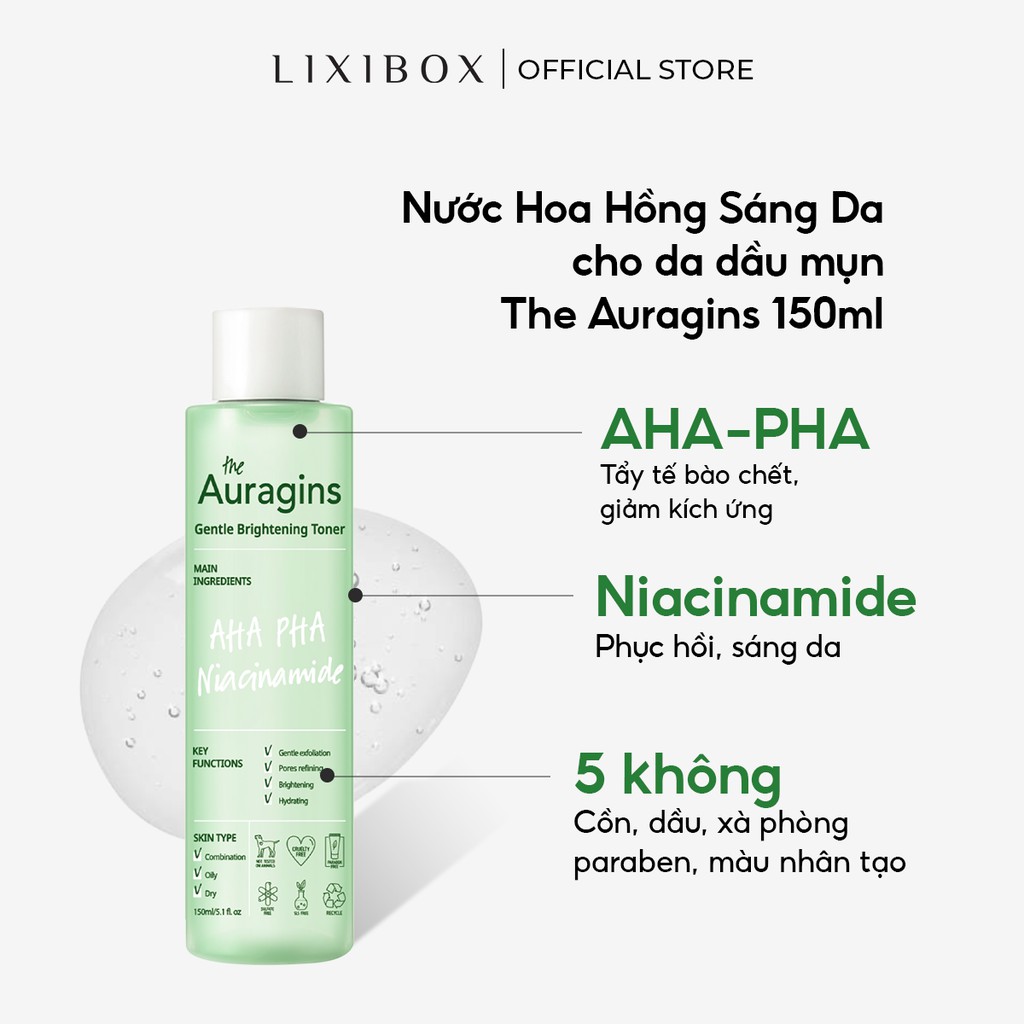 [Mã FMCGMALL -8% đơn 250K] Nước hoa hồng sáng da, ngừa mụn AHA PHA The Auragins Gentle Brightening Toner 150ml