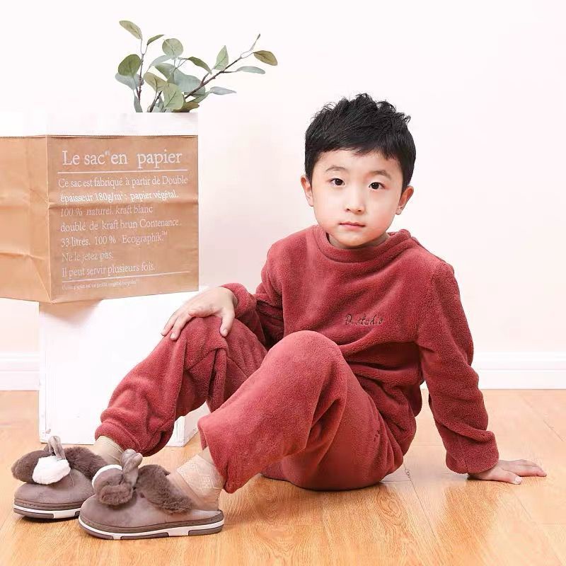 Thời trang thu đông mới cho bà mẹ và trẻ em Bộ đồ ngủ lông cừu san hô dài tay Hàn Quốc, quần đơn, và bộ đồ