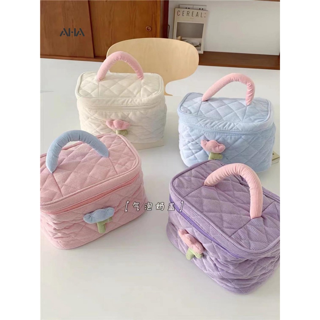 Túi nhung AHA OFFICIAL đựng mỹ phẩm sức chứa lớn họa tiết hoa dễ thương cao cấp