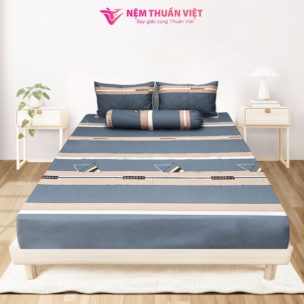 Bộ Ga Gối 100% Cotton Thuần Việt Mền Mịn, Thoáng Mát - Xanh Kẻ Sọc COT02