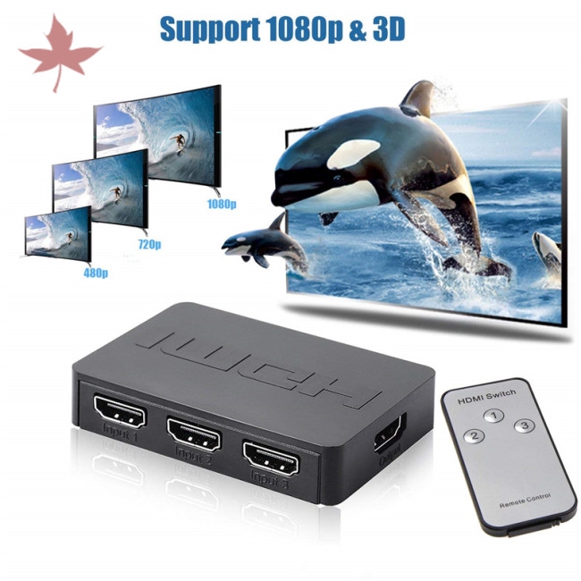 HDMI Splitter 3 Port Hub Box Auto Switch 3 In 1 Out Switcher 1080p HD with Remote Control for PS3