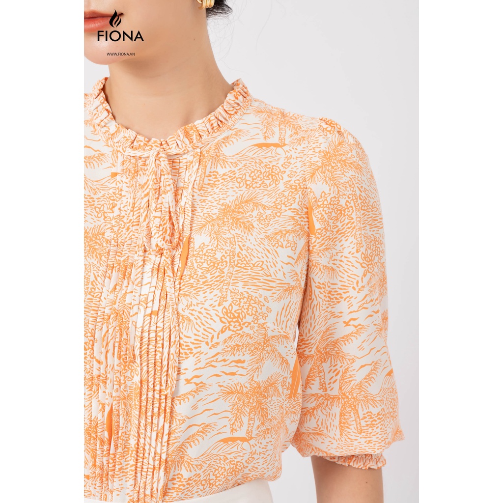 Áo Sơ mi suông cổ tròn kẹp bèo bấu mí dọc nẹp đính dây nơ tay lỡ nhún chạy chỉ chun FIONA F551282