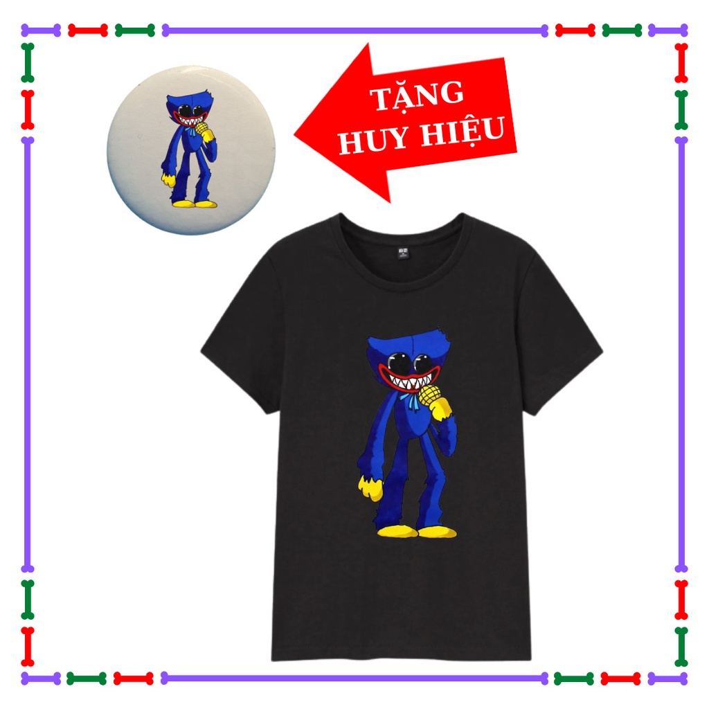 Áo thun trẻ em màu đen Huggy Wuggy, Nhím Sonic, Error 404, áo Biệt Đội Gangster, Kèm Huy hiệu