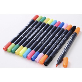 Bút Lông Màu 2 Đầu 12 Màu - Bút Marker 2 Ngòi Brush và Lông