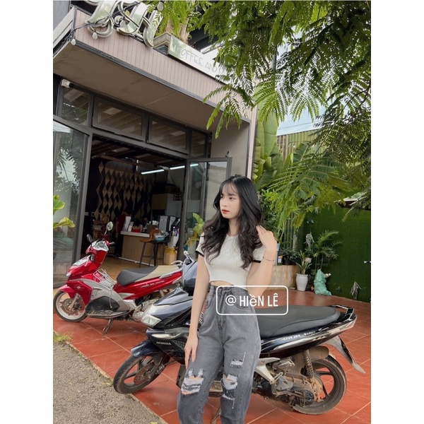 Set baggy jeans loan rách + croptop petter phối viền